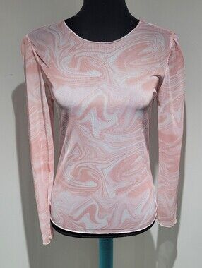 Dazy Women's Long Princess Sleeve Marble Print Sheer Top Medium Pink White